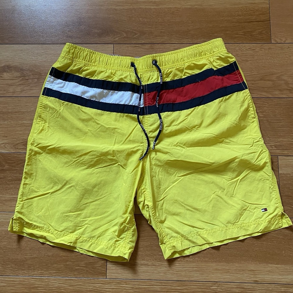 TOMMY HILFIGER Mens Yellow TOMMY FLAG Swim Trunks Shorts Large